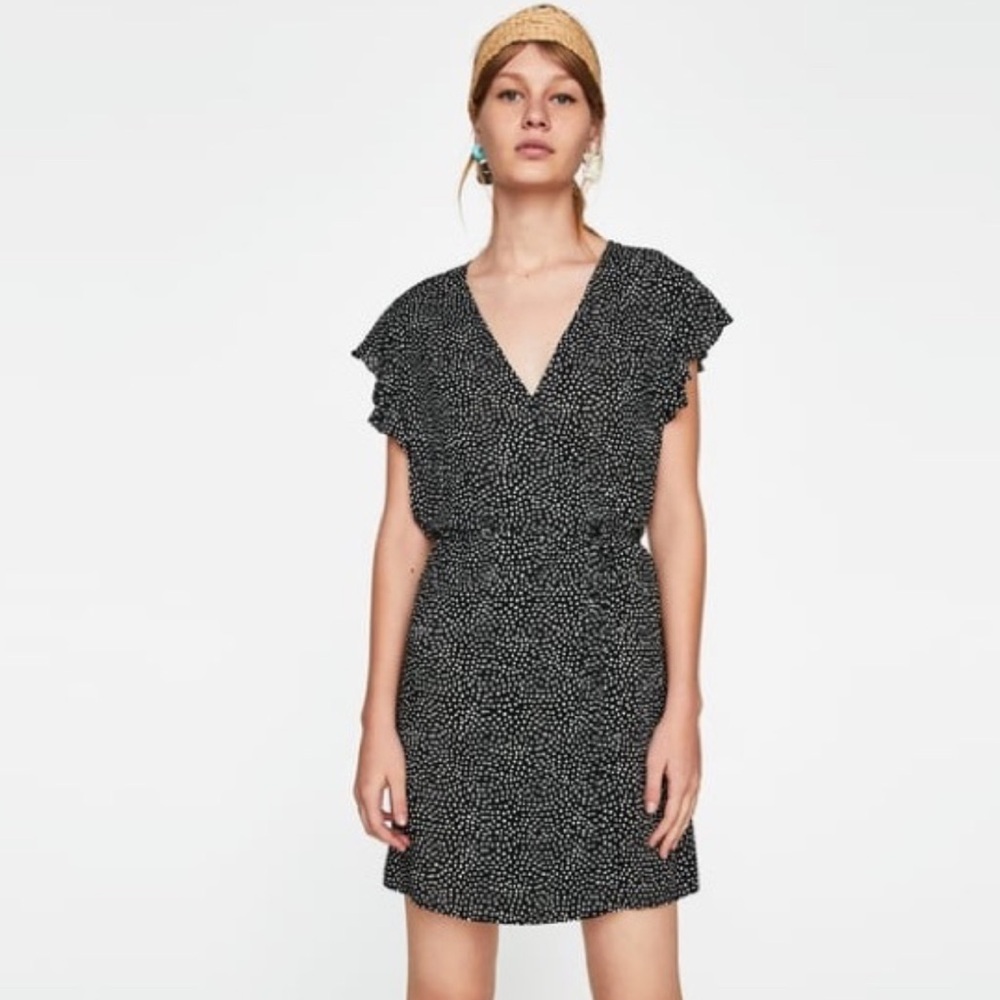Zara Spotted Wrap Dress Short Sleeve V-neck Black White Size Small